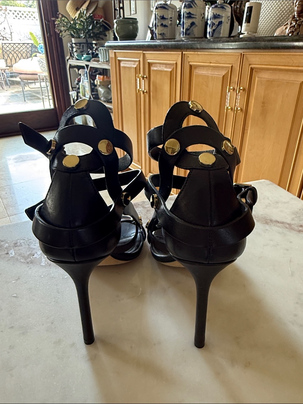 Jimmy Choo Black Leather Strappy Sandals with Gold Studs - Picture 2 of 4